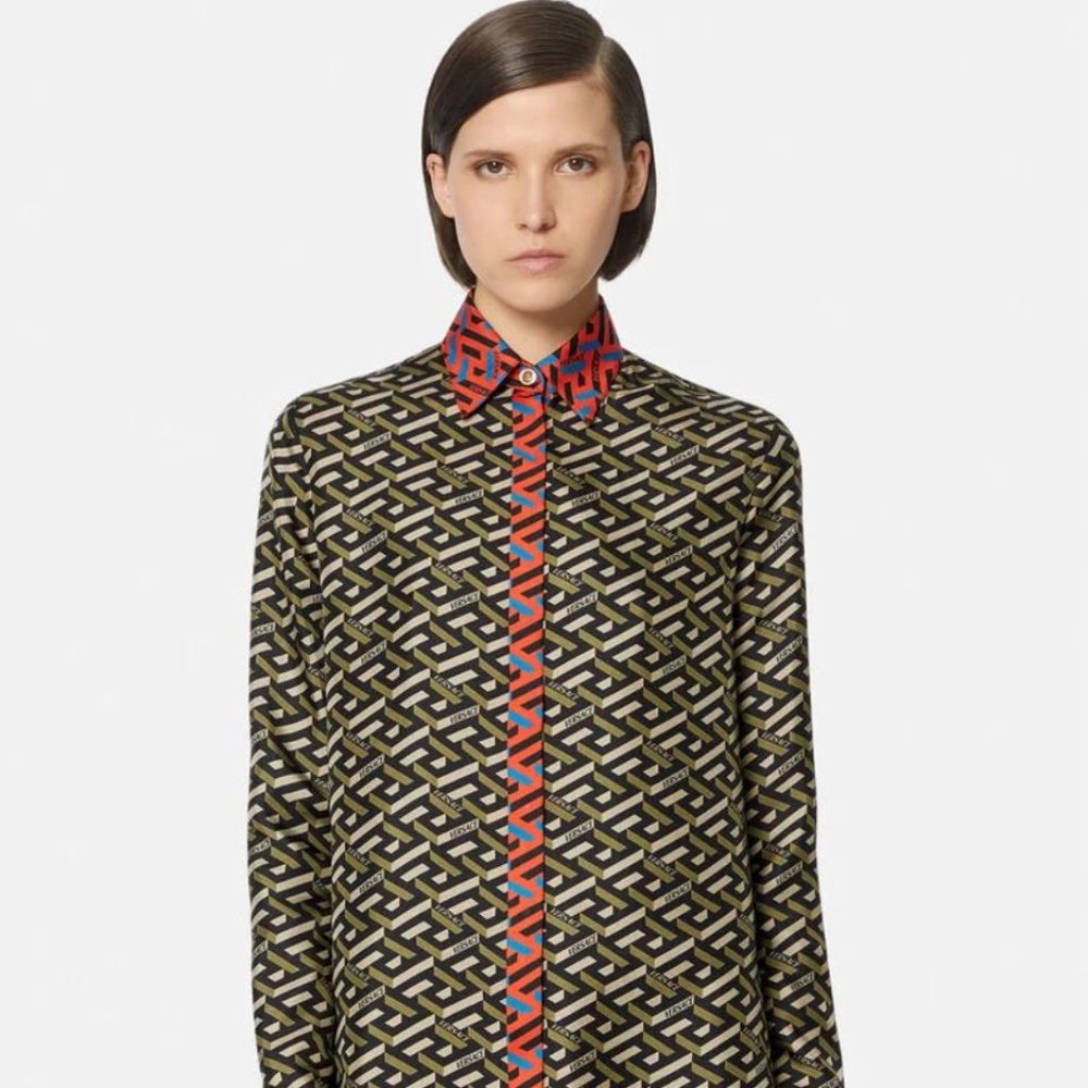 NWT Versace La Greca Silk Print Blouse IT40 - Picture 2 of 5